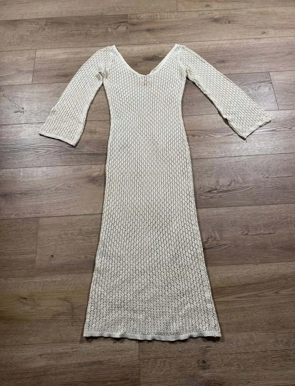 Y2K Crochet Knit Maxi Dress Bell Sleeve Beach Cover Up Boho XS - S Beige - Picture 10 of 10